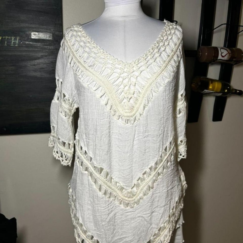 Dreamers cream boho crochet gauze tunic top M